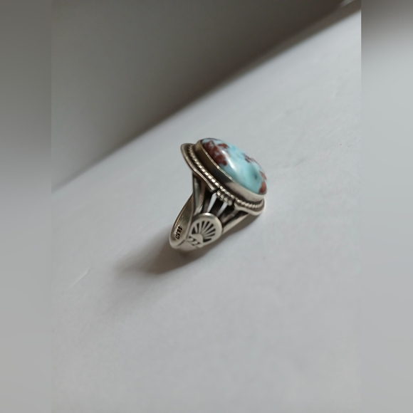 Silver Jasper and Turquoise Kathy Yazzie signed Navajo ring sm 925 size 8 - Picture 1 of 9